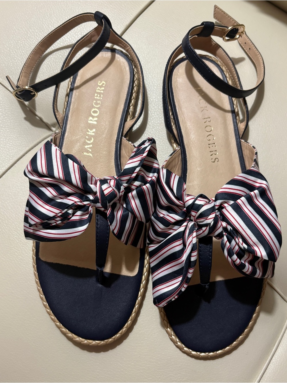 Jack Rogers Navy Striped Bow Ankle-Strap Sandals Size 8 EUC